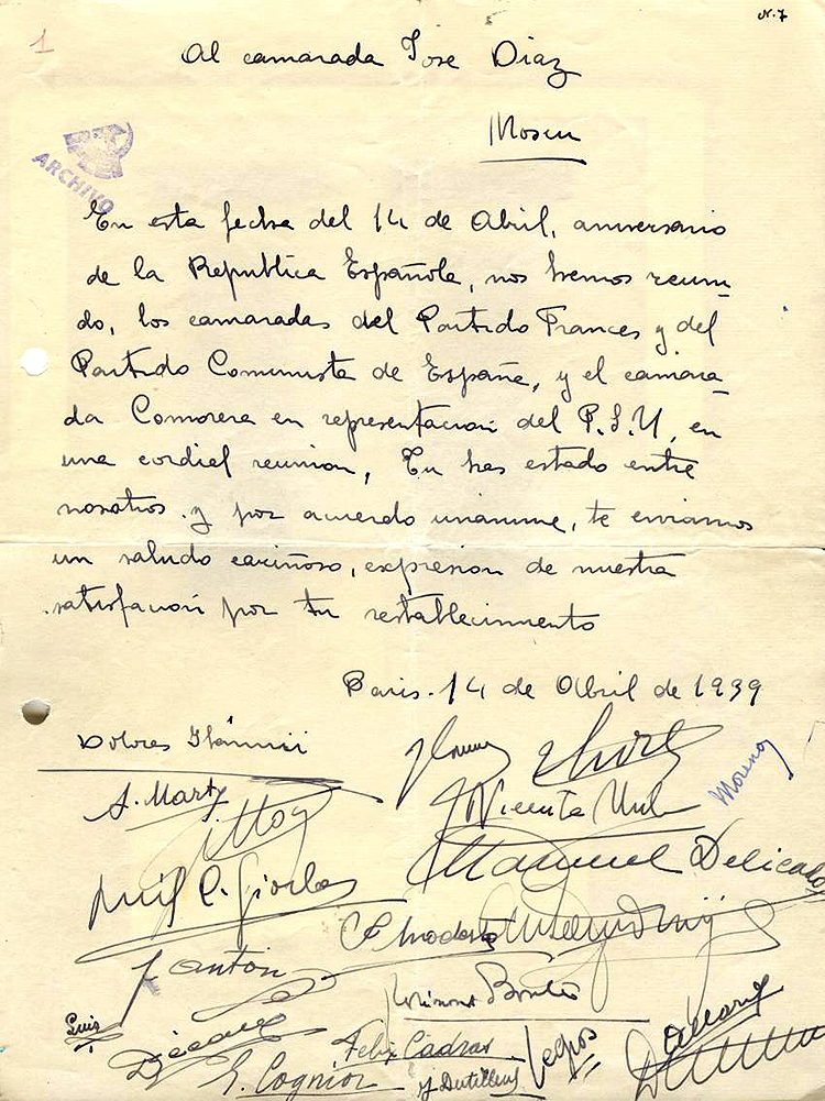 Carta  a José Díaz de dirigentes del PCE, PSUC y PCF. Entre ellos: Dolores Ibárruri, André Marty, Vicente Uribe, Cabo Giorla, Modesto, etc.